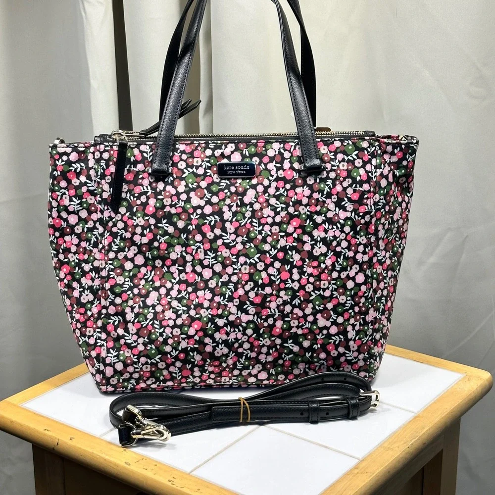 Kate Spade Tote Bag Womens Med Large Pink Floral Nylon Crossbody Adjustable